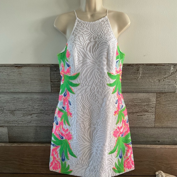 Lilly Pulitzer white Pearl Shift Tropical Neon halter dress size 4